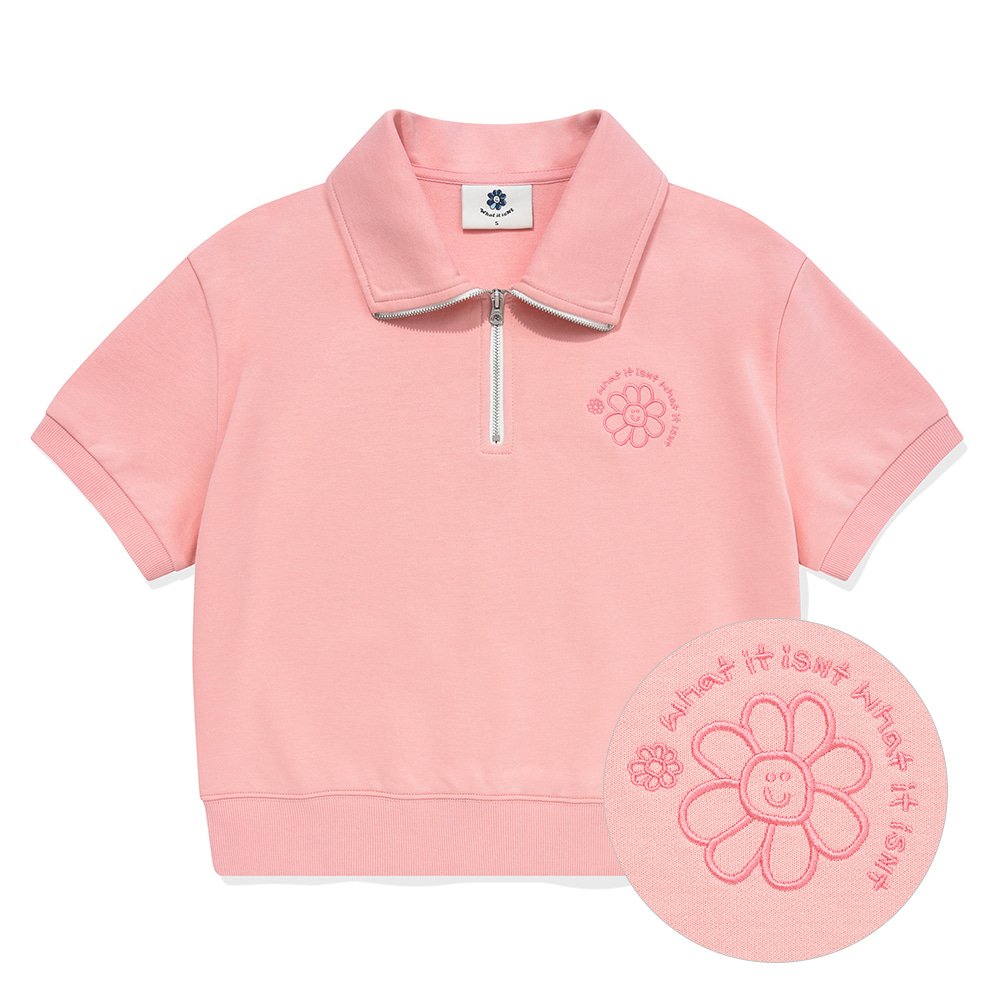 우먼스 플로리 자수 하프 집업 반팔 티셔츠 핑크